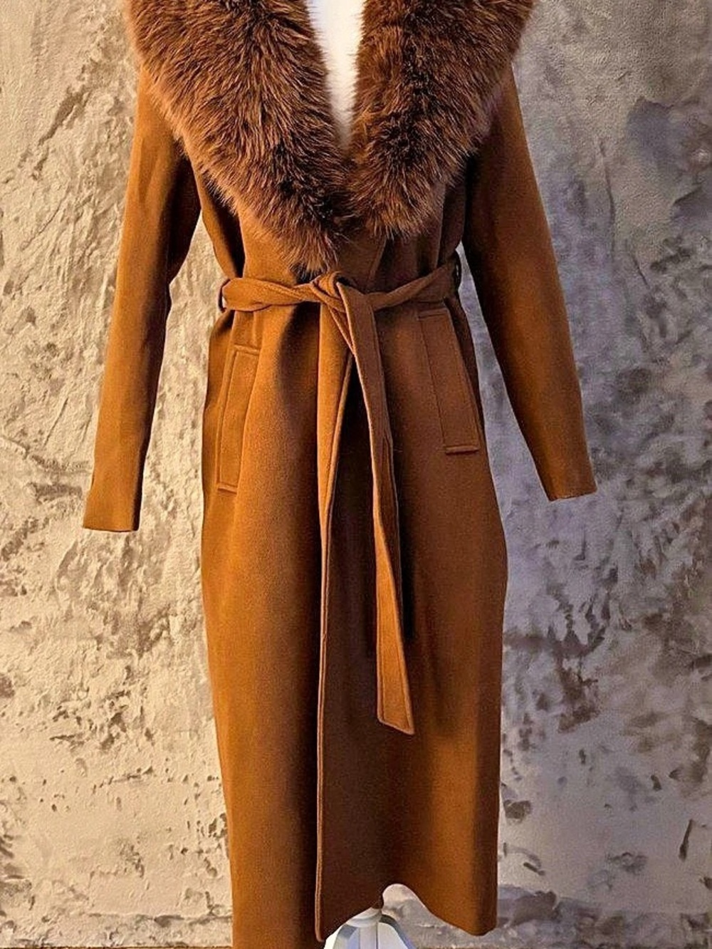 B. COATURE Faux Fur Collar Wrap Coat Brown Size Medium